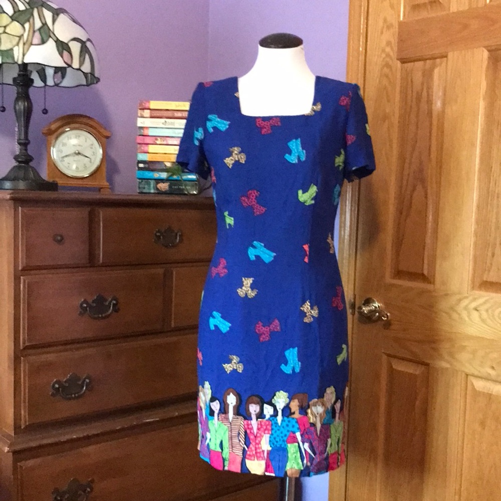 CDC Petites 🌟 Working Women Vintage Dress, Square Neck, 90s, fun print